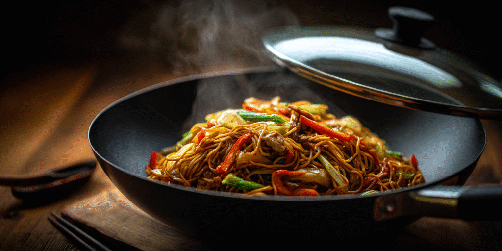 yakisoba caseiro preparado em frigideira wok
