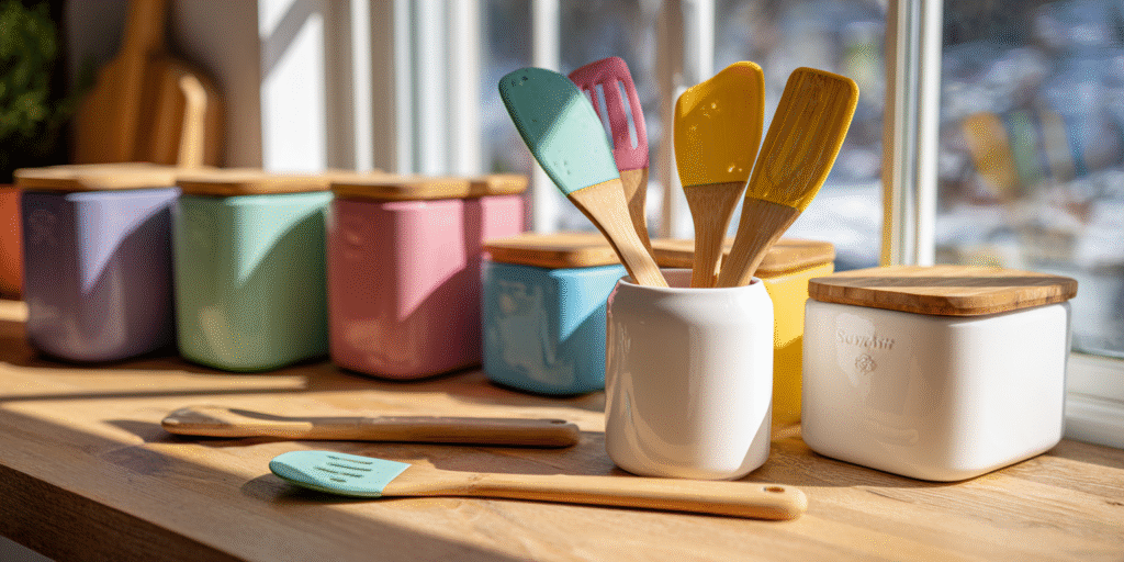 espátulas de silicone, tábuas coloridas e potes herméticos da Milium