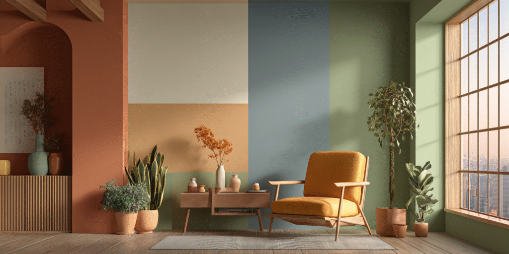 Paleta de cores com tons modernos como terracota, verde sálvia e azul profundo em composição artística minimalista.