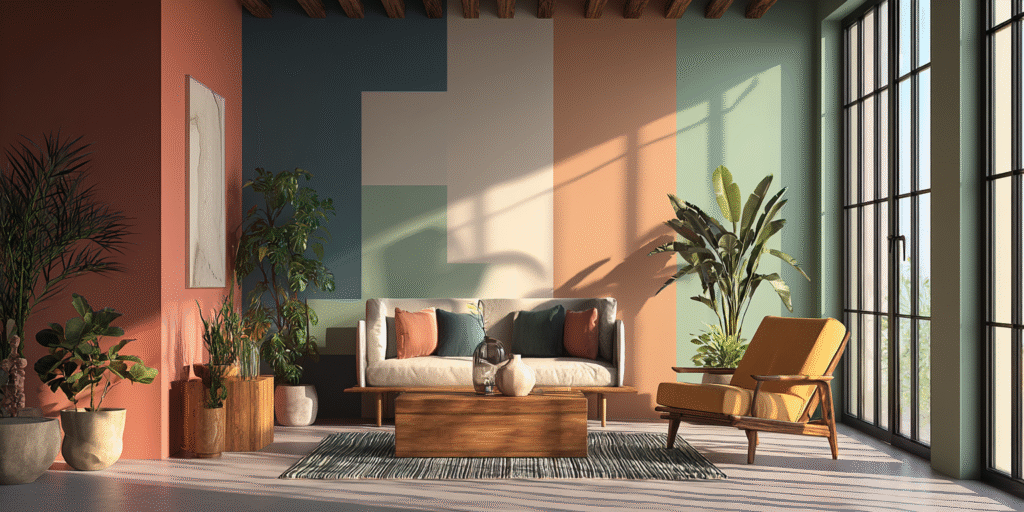 Paleta de cores com tons modernos como terracota, verde sálvia e azul profundo em composição artística minimalista.