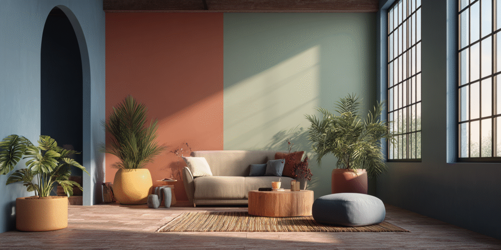 Paleta de cores com tons modernos como terracota, verde sálvia e azul profundo em composição artística minimalista.