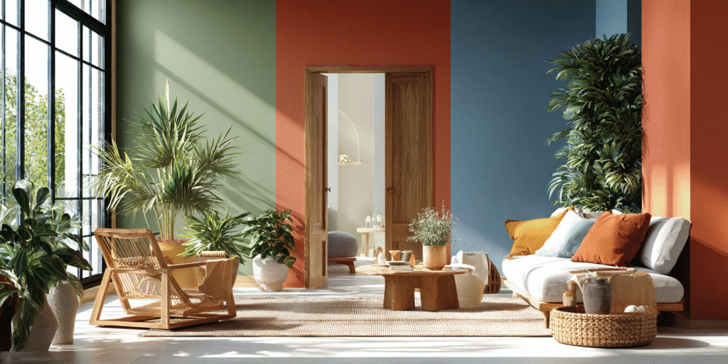 Paleta de cores com tons modernos como terracota, verde sálvia e azul profundo em composição artística minimalista.