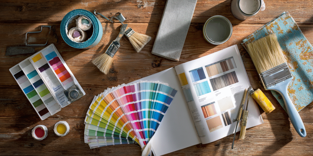 Kit de pintura com rolo, pincel, bandeja e catálogos de cores sobre mesa de madeira, inspiração para renovação da casa.