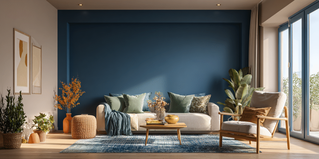 Sala moderna com parede azul profundo e detalhes em verde sálvia, exemplo de tendências de cores 2025 para decoração.