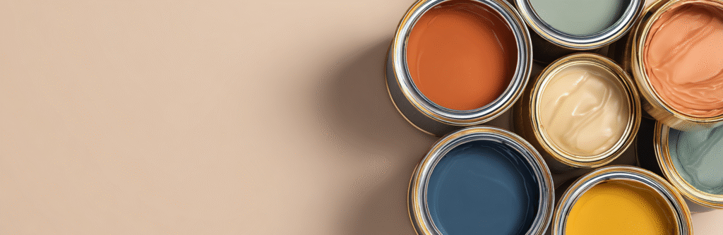 Latas de tinta abertas em cores sofisticadas como terracota, verde sálvia e azul profundo, dispostas de forma elegante em fundo neutro.