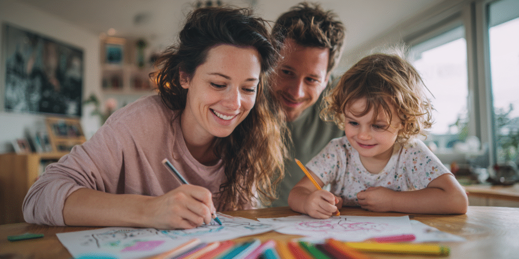 Crianças colorindo desenhos em família durante o Dia das Crianças Milium