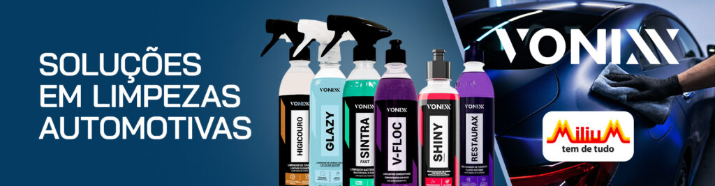 Conheça a linha Vonixx disponível na Milium: shampoo automotivo, limpa vidros, revitalizador de pneus e mais. Resultado profissional, aplicação fácil.